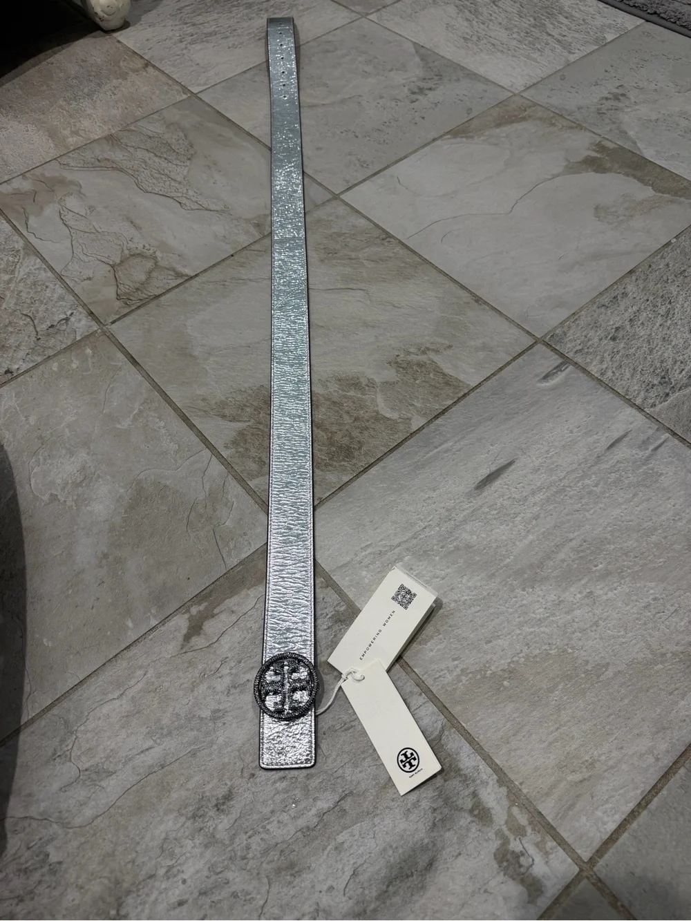 Tory Burch Silver Metallic Logo Buckle Belt